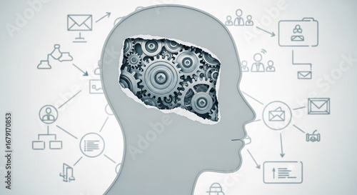 Wallpaper Mural Grey head profile with gears visible through a torn section, set against a background of network diagrams, showcasing the concept of process, mechanism, and human intellect Torontodigital.ca