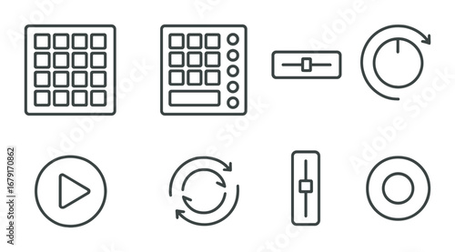 Abstract audio control icons on metallic background with grayscale gradient