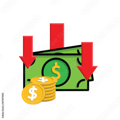 Money icon. Currency depreciation. Stack of coins and banknotes with a downward arrow. paying, economy, financial. Isometric design style.