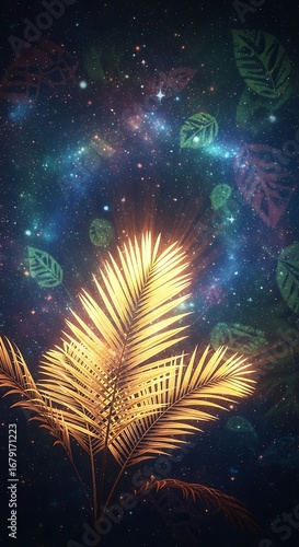 Wallpaper Mural Radiant Golden Palm Leaves against a Mystical Cosmic Starry Night Sky with Colorful Nebulae. Torontodigital.ca