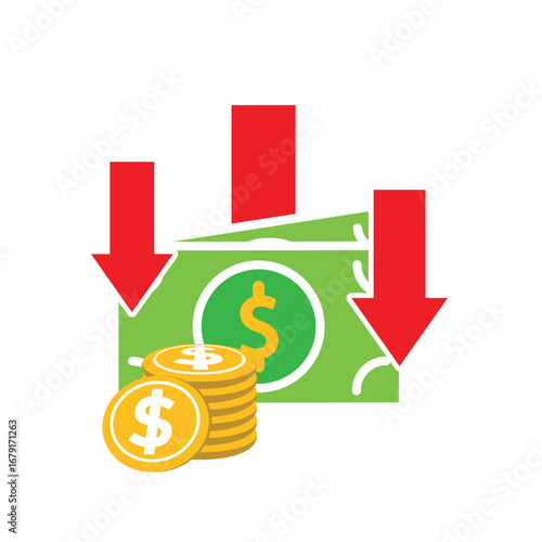 Money icon. Currency depreciation. Stack of coins and banknotes with a downward arrow. paying, economy, financial. Flat design style.