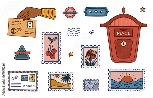 Lovely colourful doodle delivering mail set with vintage postbox, lady delivering letter, postcard, postage mark with seascape. Trendy hand drawn correspondence and seal collection isolated on white.