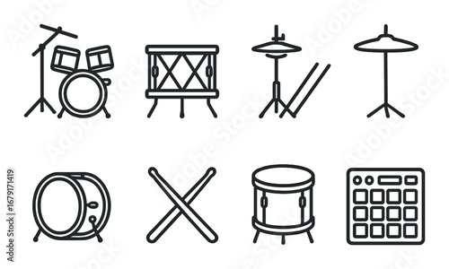 Various drum set icons featuring percussion and electronic pads on black background
