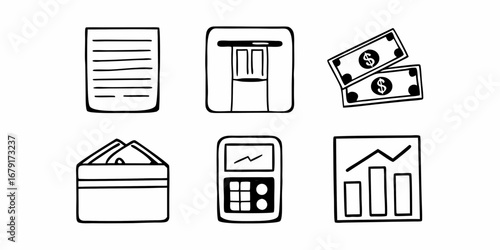 Doodle style icons depicting financial themes including documents, atm, money, wallet and graph chart
