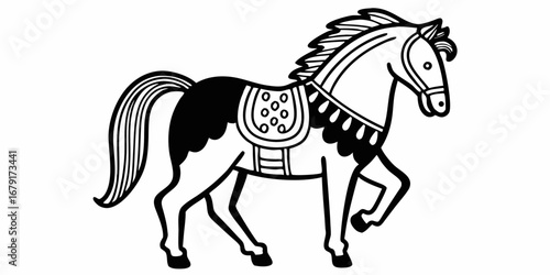 Stylized black and white horse with saddle and decorative mane in a graphic illustration form