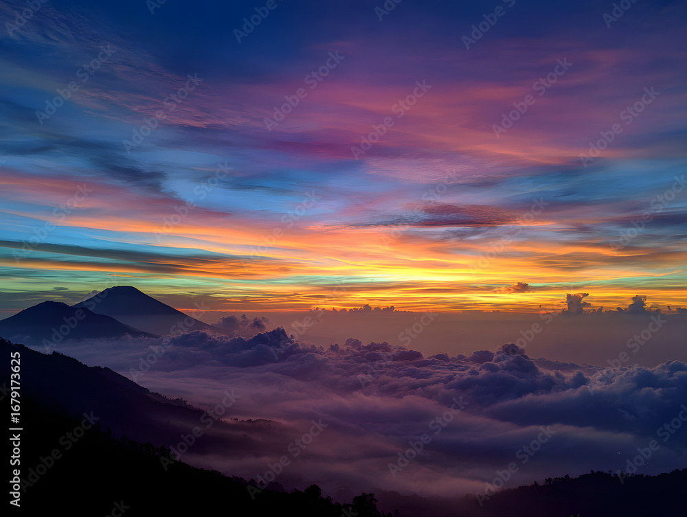 Obraz premium Colorful Mountain Sunset with Purple Haze Above Cloud Cover