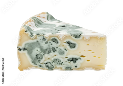 Close-up of a wedge of aged cheese displaying a complex pattern of gray-green mold and porous interior.