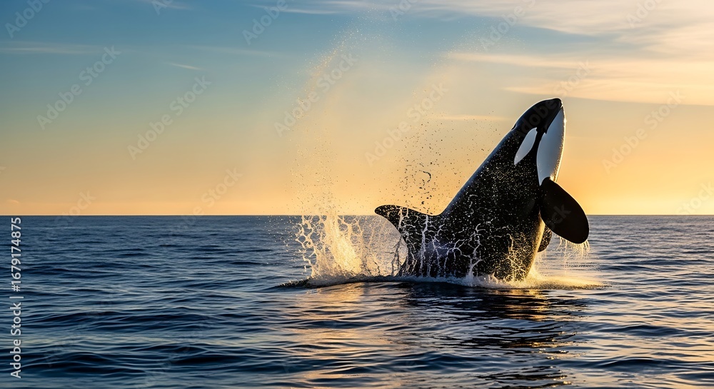 Fototapeta premium Orca leaping out of the ocean at sunset.
