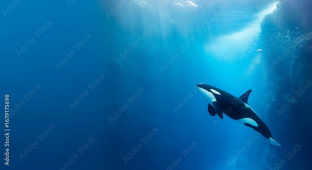 Obraz premium An orca whale swims gracefully through the deep blue ocean as sunlight streams down from the icy surface above.