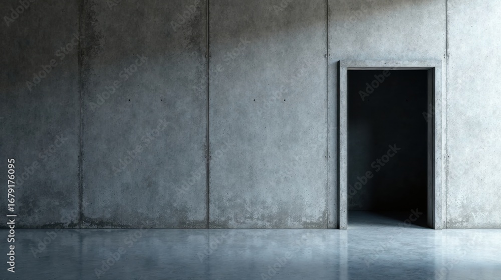 Fototapeta premium A minimalist concrete room featuring a doorway leading to a shadowed interior space, ideal for design projects and architectural visualizations