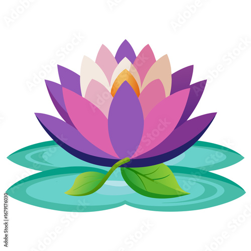 Vibrant purple lotus flower gracefully floats on serene turquoise water lily pads, symbolizing purity, enlightenment, and natural beauty.