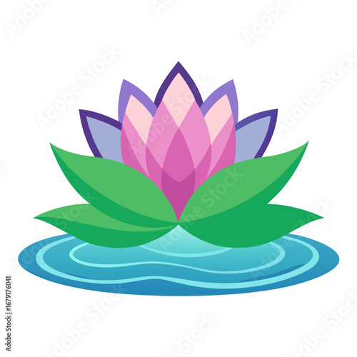 Vibrant pink lotus flower gracefully blooming on serene blue water, symbolizing peace, purity, and enlightenment for wellness and spa designs