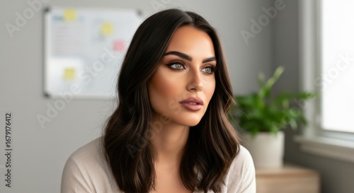 Free Download A beautiful young woman with dark hair and makeup, looking thoughtfully to the side in an office setting with a plant and whiteboard - GFXLoad