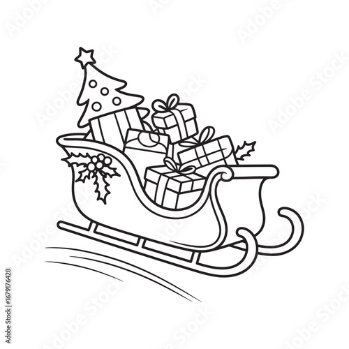 Black and white line drawing of a Christmas sleigh filled with gifts and a decorated tree presents