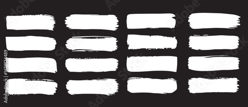 Sixteen white brushstrokes are evenly spaced across a simple dark black background here