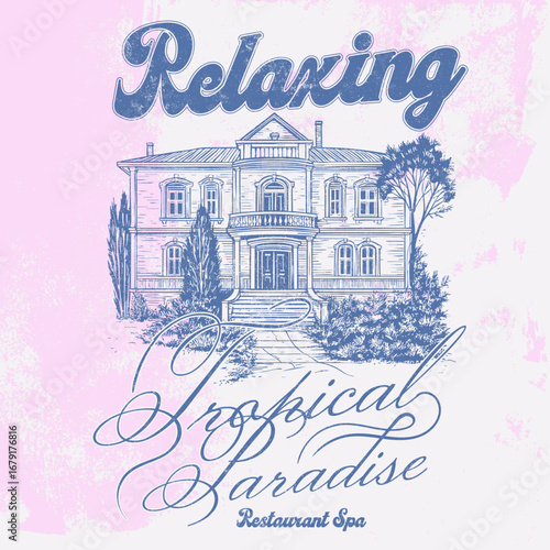 Vintage tropical vector illustration of houses and city street with holiday Relaxing and greeting card design, resort graphics-vector, summer screen print artwork.