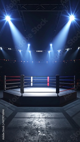 Empty boxing ring under bright spotlights (1)