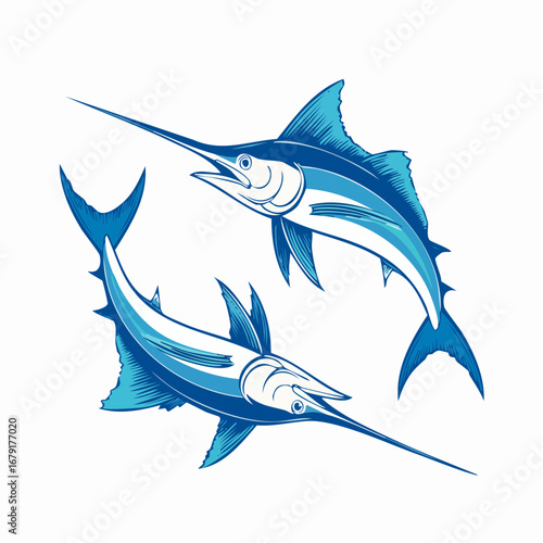 Two marlin fish vector illustrations. Ideal for fishing logos, apparel, stickers