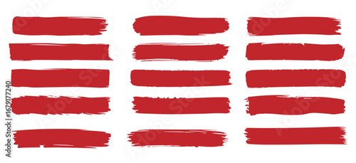 Twelve textured horizontal red brush strokes arranged symmetrically on a clean white background, presenting elements