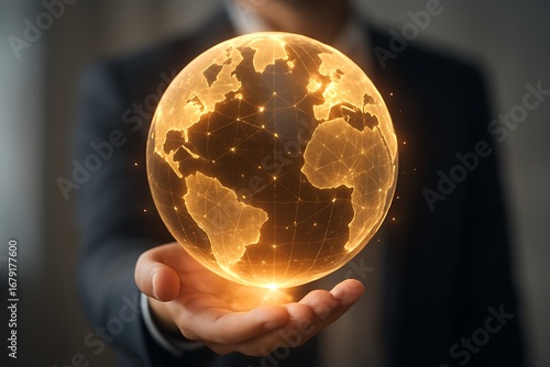 Businessman holding a golden holographic globe representing global finance and international investment.