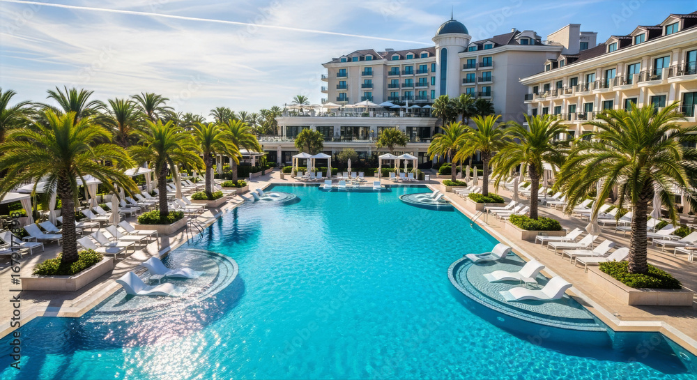 Fototapeta premium A scenic view of a luxury resort swimming pool surrounded by palm trees and elegant architecture outdoors