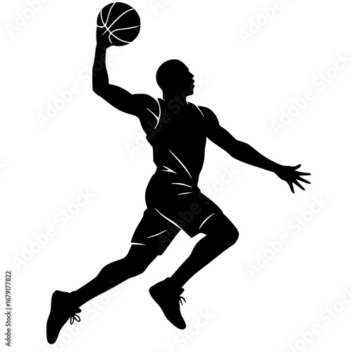 Black Silhouette Basketball Player Dunking Vector Isolated on White Background