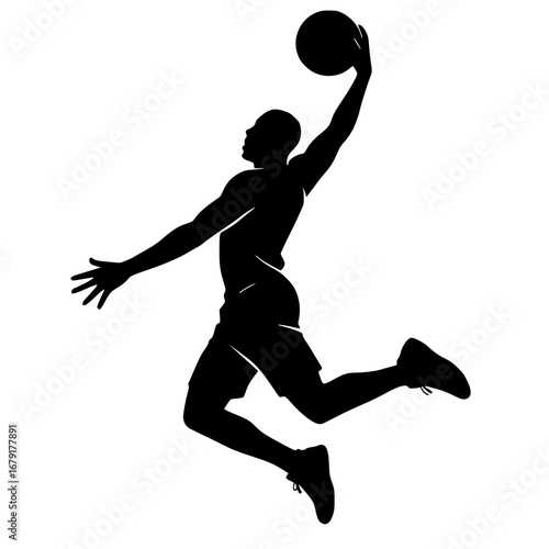 Black Silhouette Basketball Player Dunking Vector Isolated on White Background