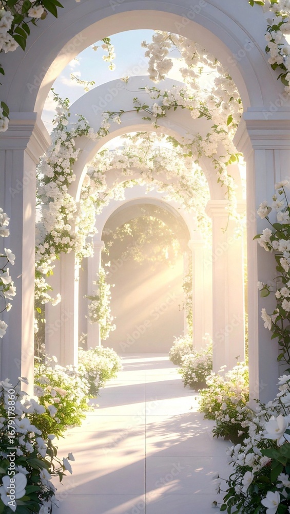 Fototapeta premium Elegant White Flower Adorned Archway with Soft Light and Dreamy Atmosphere