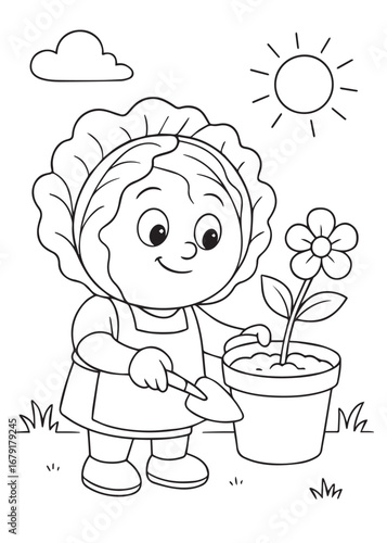 coloring book page of a cabbage planting flowers in a pot.