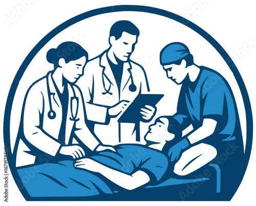 Illustration of a group of doctors trying to help a patient
