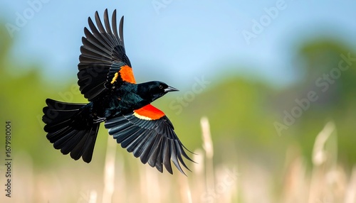 A red-winged blackbird in flight against a soft-focus background