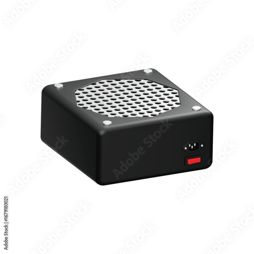 Compact black electronic device with perforated top and red indicator light vector