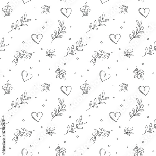 A decorative seamless pattern featuring olive branches and hearts.
