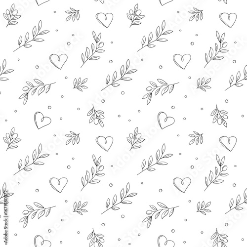 A decorative seamless pattern featuring olive branches and hearts.