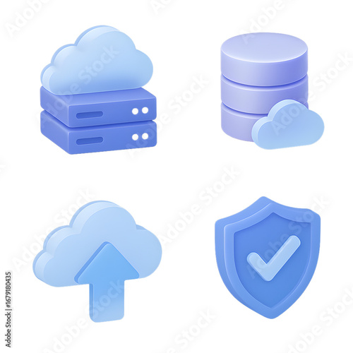 Cloud computing isometric PNG set transparent background 2x2 cloud server database upload arrow shield security isolated cut out
