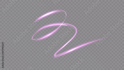 Light swirl trail of bright purple glowing lines with magical glitter light effect. Glow effect for design on light background.