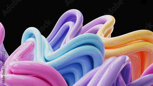 Abstract 3d rendering of swirling glossy colorful tubes on a deep black background