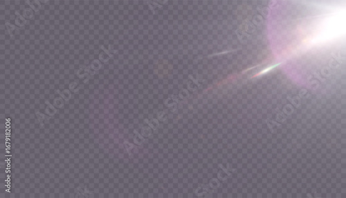 Bright sun glare with shimmering rays, soft halo and pink reflections on transparent background. Vector light effect for design and illustrations.
