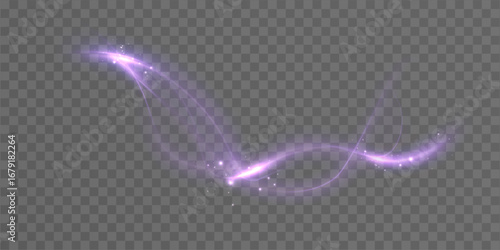 Light swirl trail of bright purple glowing lines with magical glitter light effect. Glow effect for design on light background.