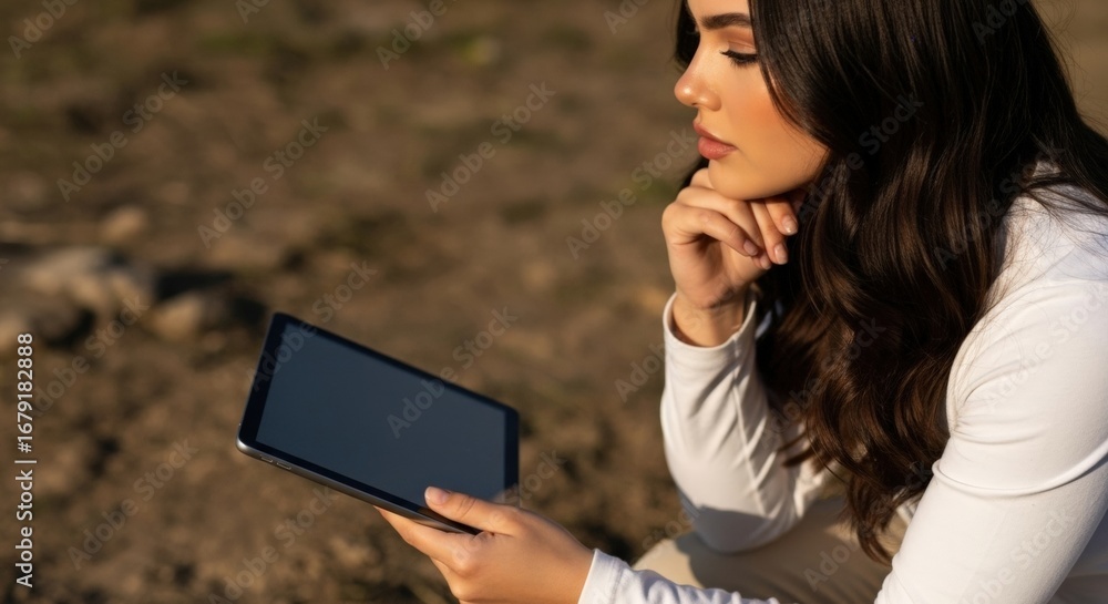 Fototapeta premium Young woman sitting outdoors in sunlight, holding and looking at a tablet computer with a blank screen