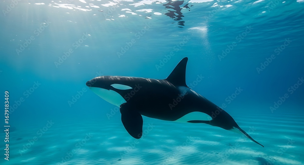Naklejka premium Orca swimming gracefully in a clear blue ocean.