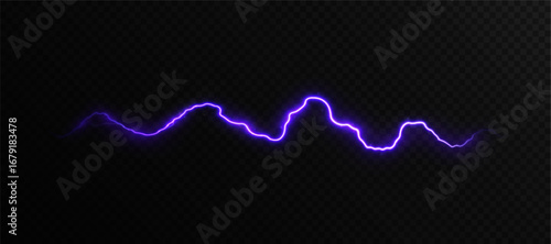 Purple electrical lightning with jagged outline and soft glow on dark background. Energetic plasma arc for powerful, sci-fi and dramatic effects, overlays and abstract designs.