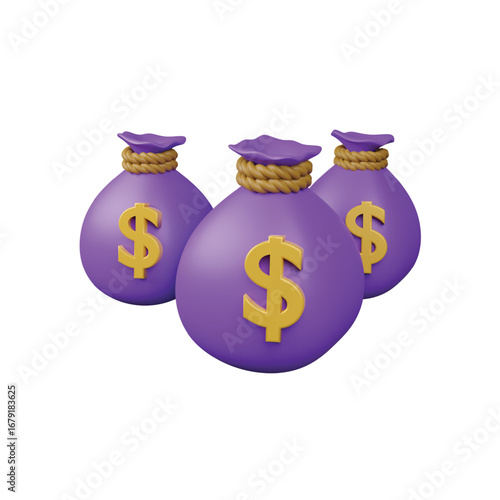 Three 3d purple money bags with golden dollar signs representing wealth and financial success vector