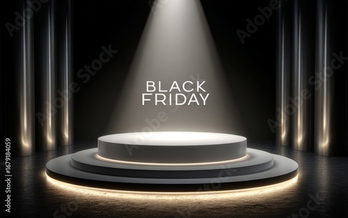 Spotlights illuminating empty podium for black friday sale event
