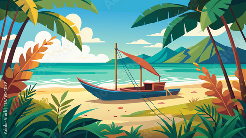 Vector art of a tropical beach scene with a boat on the sand, palm trees, and mountains in the background on a sunny day, perfect for a vacation getaway