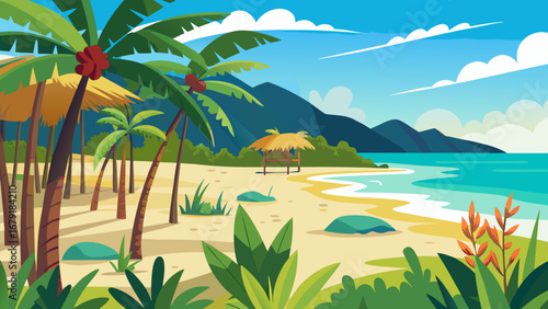 Vector art of serene tropical beach landscape featuring palm trees, a hut, and mountains, perfect for a relaxing summer vacation and idyllic travel destination
