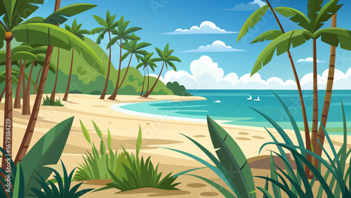 Vector art of a tranquil tropical beach with palm trees and clear turquoise water, perfect for a relaxing vacation getaway in a sunny paradise