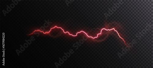 Red glowing lightning effect with sparks and glare. Vector red lightning effect for design on dark background.