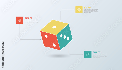 Each side of the dice infographic template shows step-by-step presentation information.