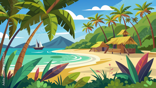 Vector art of tropical island paradise with palm trees, sandy beach, turquoise sea, and a sailboat gliding on the horizon, creating a serene and idyllic vacation scene